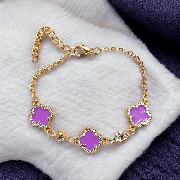 Elegant Purple Clover Rhinestone Gold Tone Bracelet - Picture 1 of 4